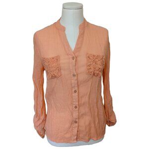 Womens Peach Orange Button Up Blouse Lace Panel Lagenlook Boho Sheer Pastel M